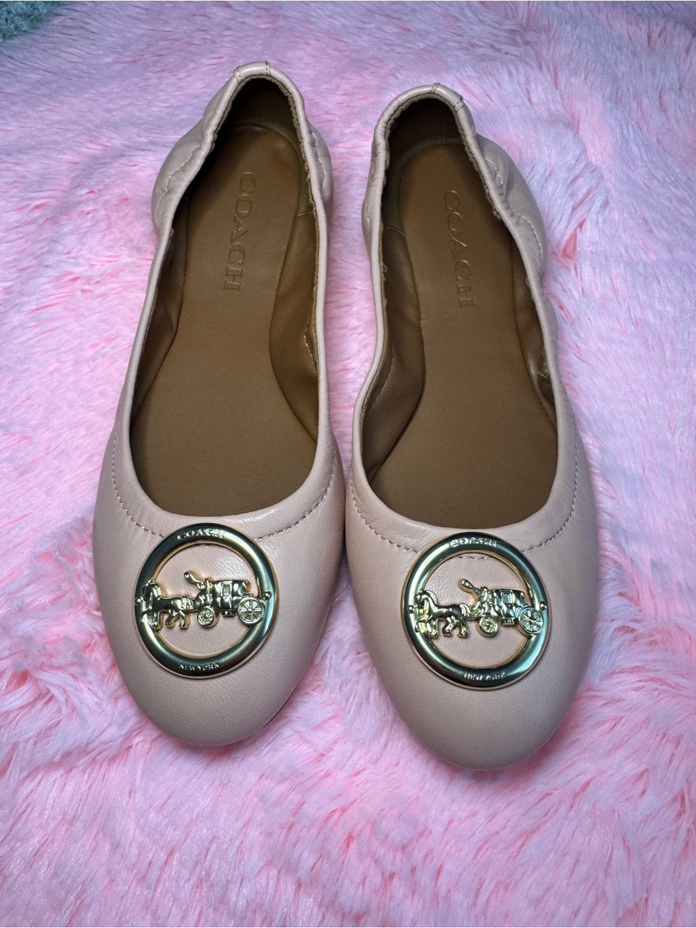 Coach Women's Blush Pink Ballet Flats with Gold Horse & Carriage Medallion